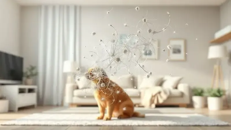 Representação conceitual de filtragem HEPA capturando pelos de animais e alérgenos para ambientes com pets e alergias