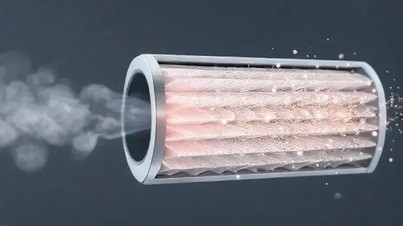 Renderização 3D de um filtro HEPA capturando micropartículas de poeira e alérgenos, demonstrando a importância da filtragem para a qualidade do ar.