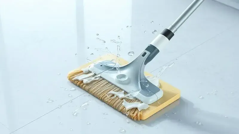 Ilustração conceitual de limpeza a úmido com água e solução limpante sendo aplicada por movimento robótico.