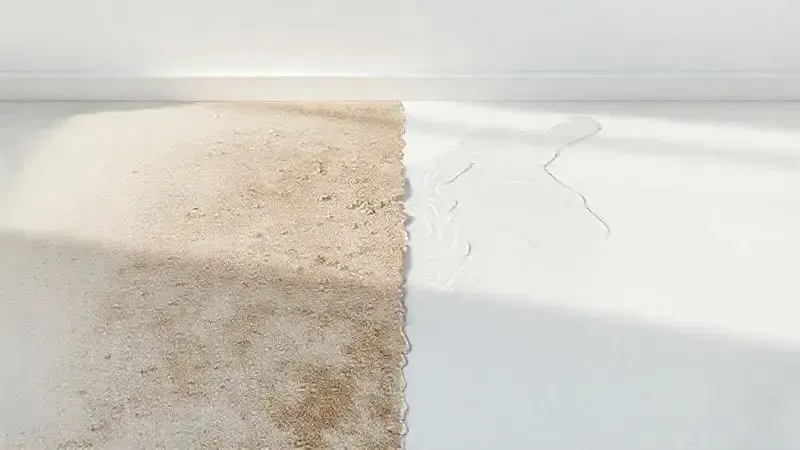 Demonstração da função MOP de um aspirador robô, com ilustração do antes e depois da limpeza com pano úmido em um piso de madeira.