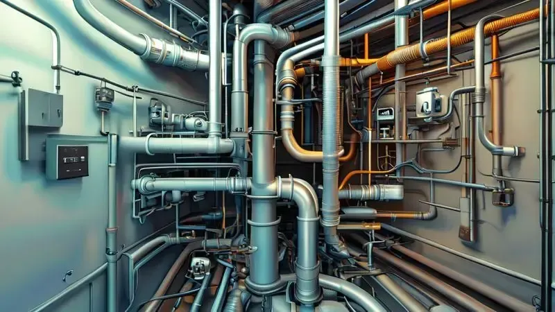 Diagrama ilustrativo 3D do funcionamento interno de sistema de aspiração central