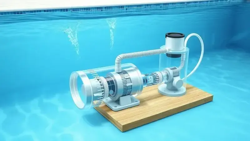 Ilustração conceitual do funcionamento de um aspirador de piscina a vácuo mostrando fluxo da água e componentes internos