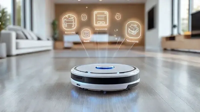 Ilustração conceitual das múltiplas funções de um robô aspirador, como mapeamento, limpeza programada e controle por aplicativo em um ambiente moderno.