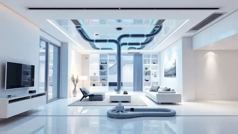 Conceito de casa moderna com sistema de aspiração central integrado, visão ilustrativa da automação residencial