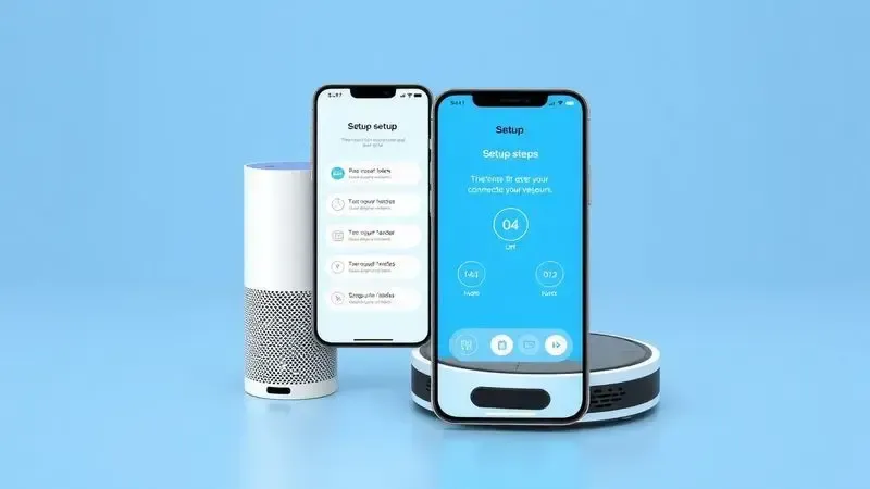 Processo de configuração mostrando smartphone com aplicativos Alexa e robô aspirador conectando-se