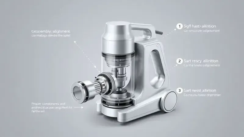 Diagrama conceitual 3D mostrando sequência de remontagem correta de aspirador com setas e numeração