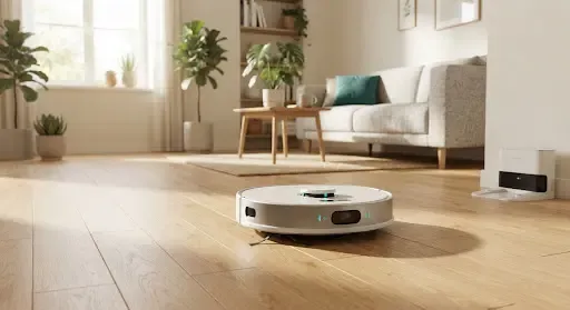 Aspirador robô moderno deslizando sobre piso de madeira em sala minimalista
