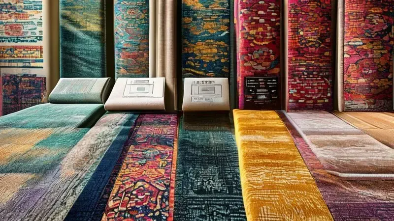 Identificação de materiais de tapete com etiquetas de cuidado e amostras de tecidos diferentes