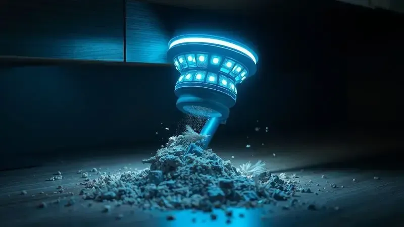 Ilustração 3D mostrando tecnologia LED que ilumina sujeira escondida embaixo de móveis e cantos escuros