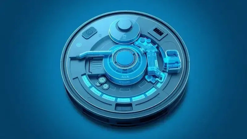 Ilustração do interior de um robô aspirador mostrando componentes internos como motor, sensor e compartimento de poeira.
