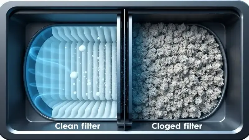 Ilustração comparativa mostrando fluxo de ar em filtro limpo versus filtro sujo, demonstrando a importância da manutenção.