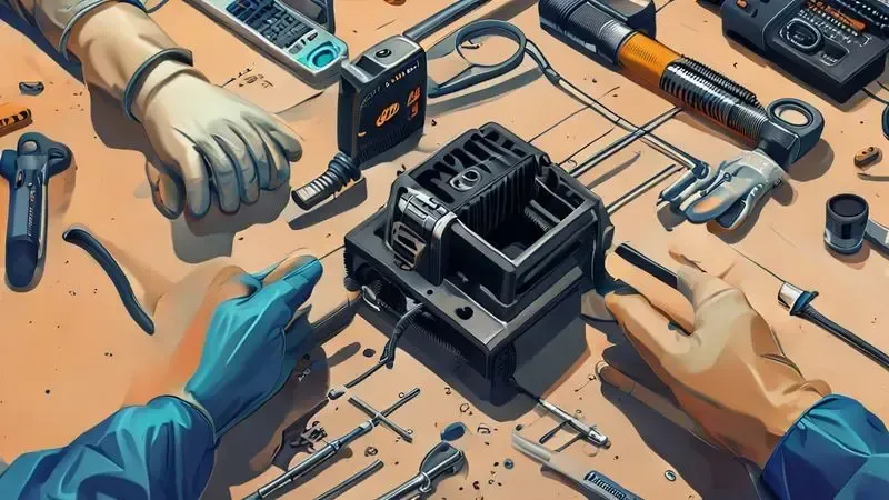 Ilustração passo a passo de instalação segura do motor de aspirador com ferramentas e equipamentos
