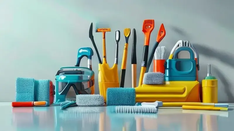 Kit organizado de ferramentas e equipamentos de segurança para limpeza e manutenção de aspirador de pó.
