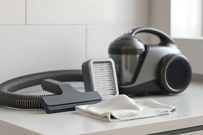 Manutenção de aspirador com filtro limpo e acessórios organizados para reduzir o ruído