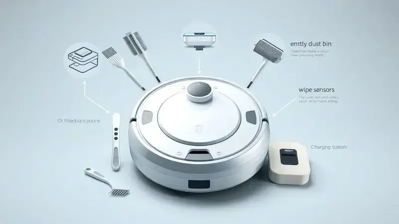 Conceito visual de manutenção de aspirador-robô mostrando limpeza de escovas, esvaziamento de pó e cuidados com sensores.
