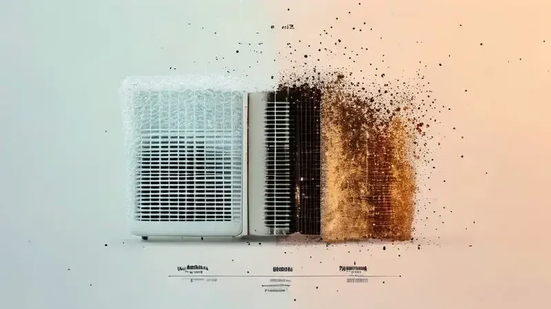 Comparação ilustrativa entre filtro HEPA limpo e saturado, mostrando quando é necessário fazer a troca do elemento filtrante.
