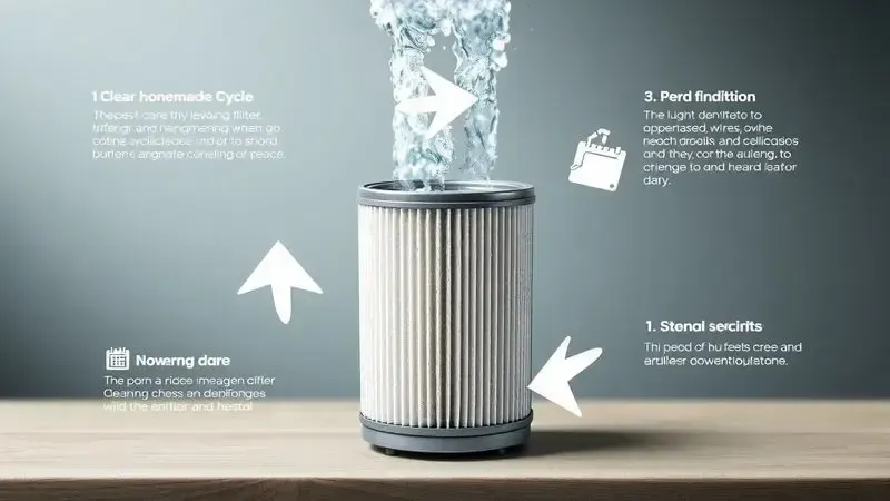 Ilustração conceitual mostrando ciclo de manutenção e limpeza de filtro caseiro