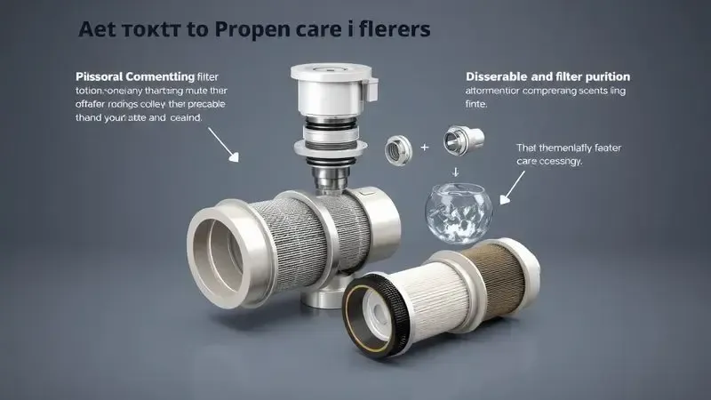Ilustração 3D do processo de manutenção e limpeza de filtro cyclone com componentes desmontados.