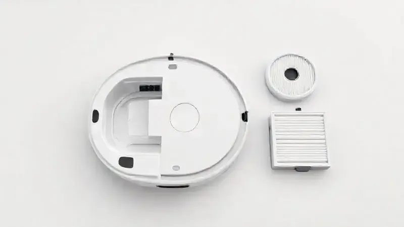 Render 3D minimalista mostrando os componentes de um robô aspirador sendo limpos, ilustrando a manutenção para prolongar sua vida útil.