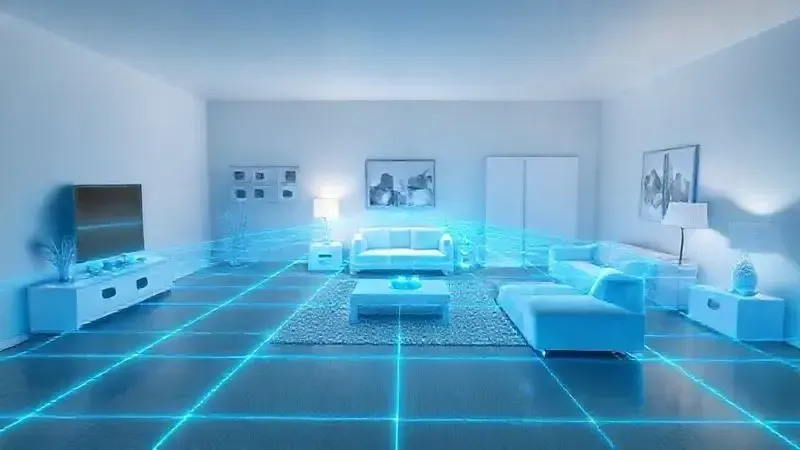 Render 3D conceitual da tecnologia de mapeamento a laser, mostrando linhas de luz azul escaneando uma sala para criar uma planta digital.