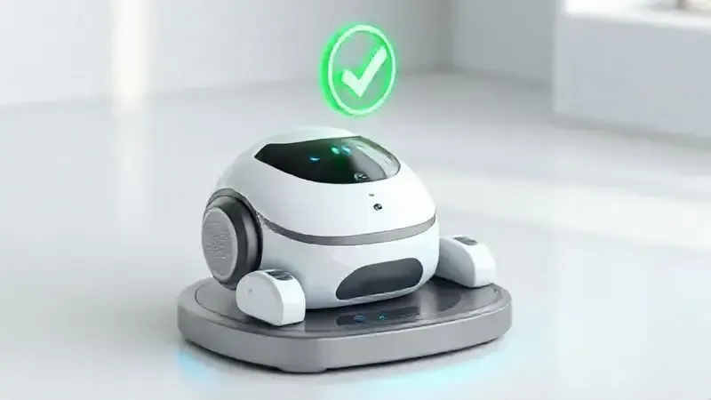 Ilustração 3D de um robô aspirador genérico com um símbolo de verificação verde, representando a confiança em uma boa marca de aspiradores.