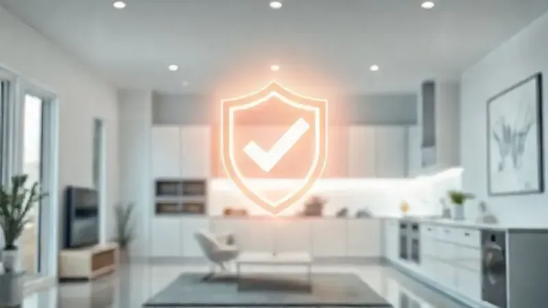 Ilustração de um escudo com um selo de verificação brilhando sobre um ambiente doméstico, simbolizando uma marca de eletrodomésticos confiável e de qualidade.