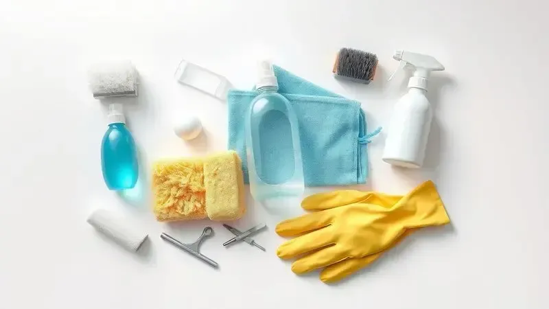 Materiais de limpeza para manutenção de robô aspirador organizados em superfície limpa