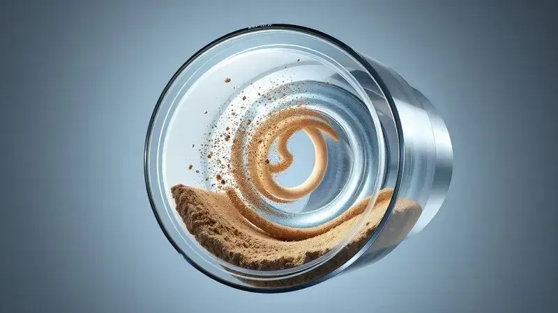 Ilustração conceitual do mecanismo ciclônico mostrando poeira e ar em movimento centrifugo dentro de câmara transparente.