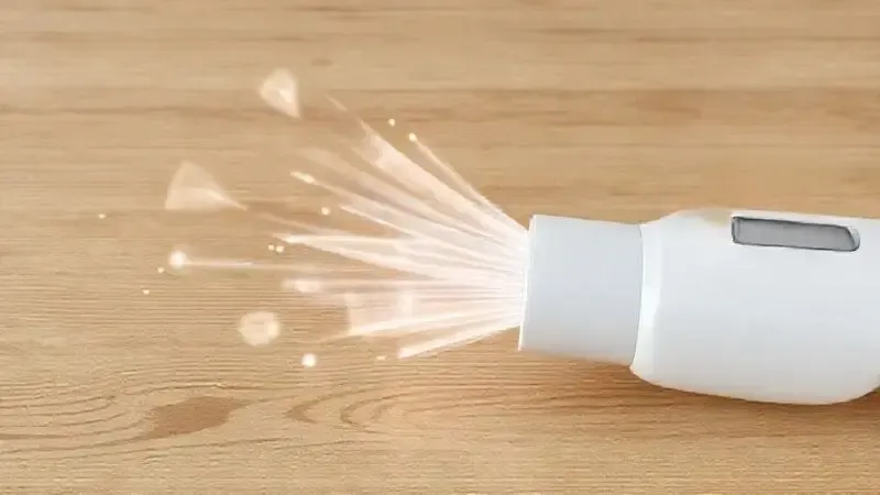 Render artístico ilustrando o conceito de potência e sucção de um aspirador de pó em um piso de madeira, ajudando a visualizar a força do aparelho.