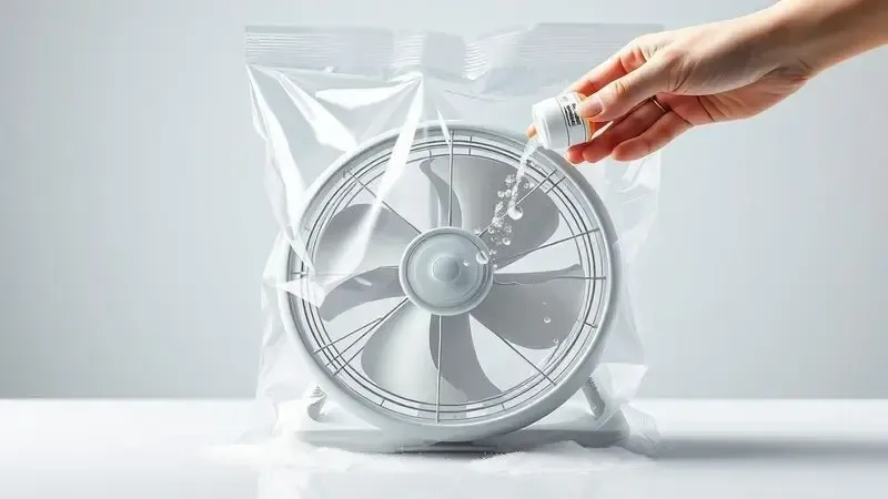 Conceito ilustrativo do método da sacola plástica com bicarbonato aplicado em ventilador.