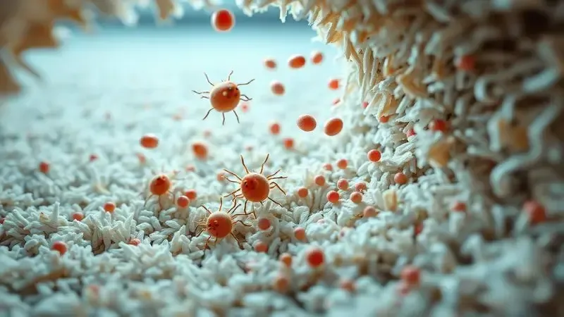 Visualização conceitual de ácaros e alergênicos em tapetes sujos, destacando riscos à saúde doméstica