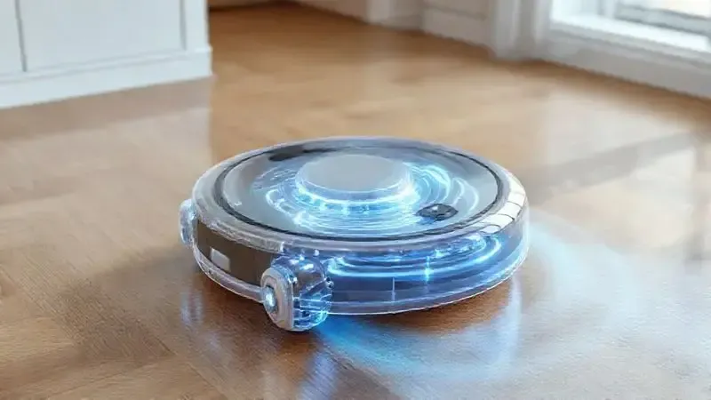 Ilustração conceitual dos diferentes modos de limpeza de um robô aspirador, mostrando trajetórias inteligentes em um piso de madeira.