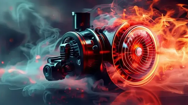 Ilustração artística conceitual de motor de aspirador superaquecendo com representação visual de calor
