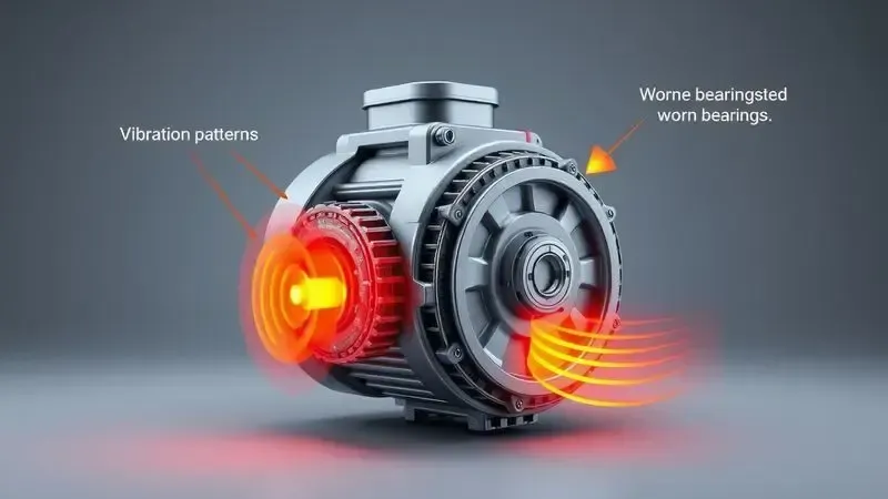 Representação artística de motor de aspirador com indicadores visuais de defeitos como vibração excessiva e superaquecimento.