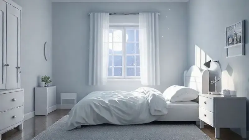 Ilustração conceitual de um quarto de criança limpo e tranquilo, com ar puro, ideal para evitar crises de rinite noturna e garantir noites de sono melhores.
