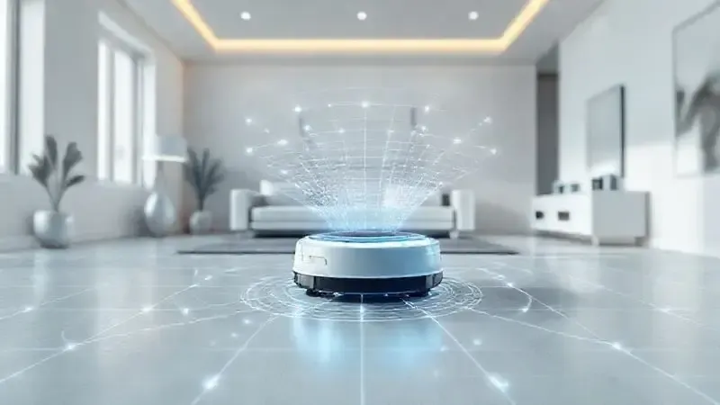 Render 3D de um aspirador robô navegando em uma sala, com linhas de luz representando seus sensores inteligentes mapeando o ambiente para evitar obstáculos.
