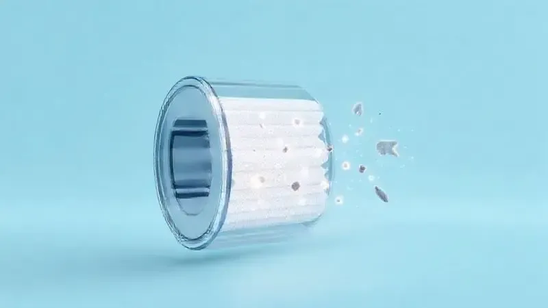 Ilustração 3D de um filtro HEPA dentro de um aspirador de pó capturando partículas de alérgenos, explicando o que é um aparelho ideal para alérgicos.