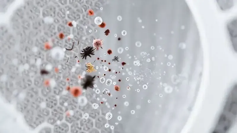 Ilustração 3D em close-up de um filtro HEPA capturando partículas microscópicas de poeira e alérgenos, demonstrando sua eficácia.
