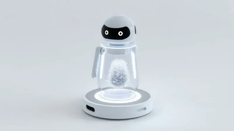 Ilustração conceitual de um robô aspirador de pó futurista esvaziando automaticamente a sujeira em sua base de autolimpeza.