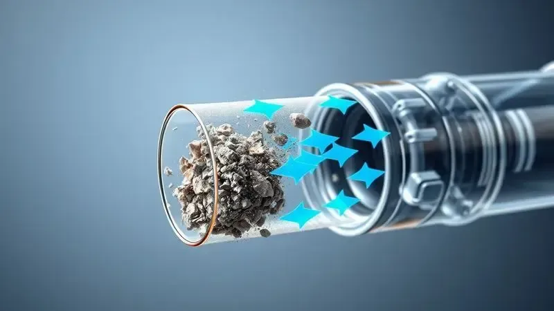 Ilustração conceitual de obstrução no sistema de sucção do aspirador de pó, mostrando fluxo de ar bloqueado por sujeira