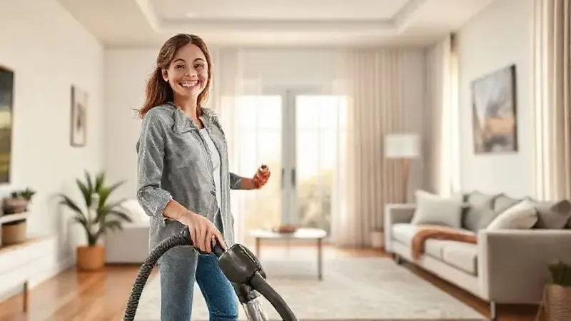 Ilustração representando a opinião positiva de um consumidor que usa um aspirador de pó vertical em uma casa limpa e moderna.