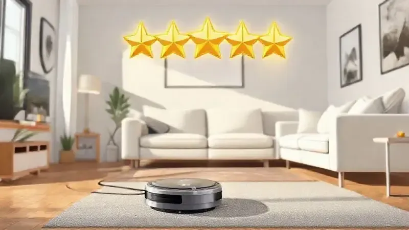Ilustração de um aspirador robô em uma sala com cinco estrelas douradas flutuando, simbolizando as opiniões positivas de clientes e avaliações reais.