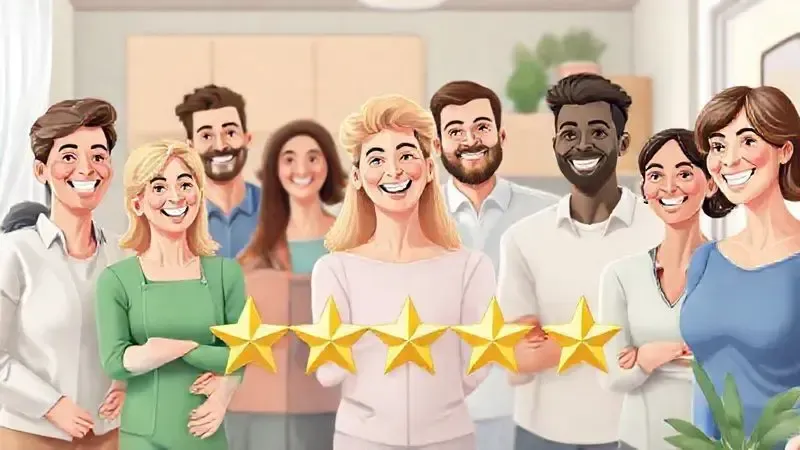 Ilustração de consumidores satisfeitos avaliando um produto com cinco estrelas, representando as opiniões positivas sobre o robô aspirador EOS.