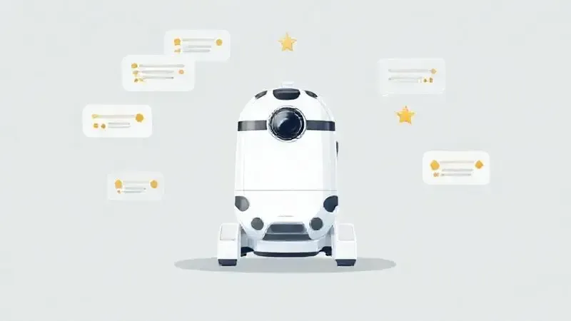 Ilustração conceitual com um robô aspirador no centro, cercado por balões de fala e estrelas de avaliação, simbolizando as opiniões de usuários.