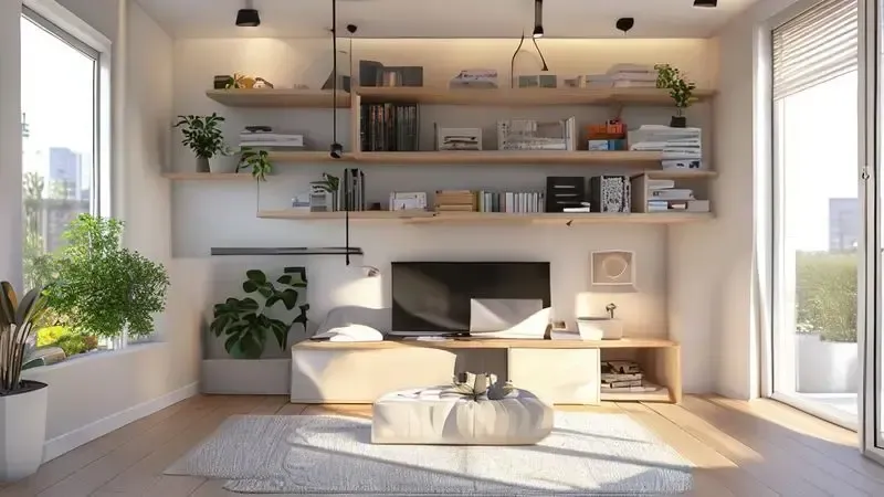 Ilustração conceitual de apartamento pequeno com soluções inteligentes de organização e armazenamento em espaços reduzidos.