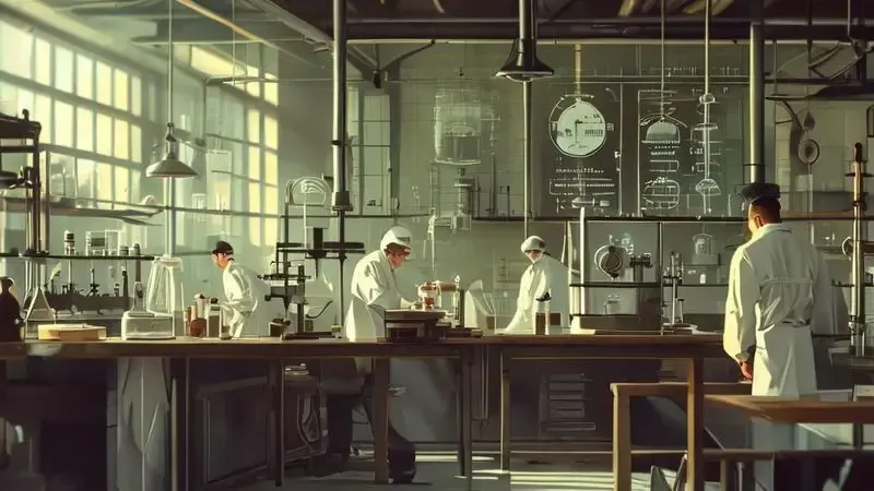 Ilustração histórica da evolução do filtro HEPA desde laboratórios militares até aplicações domésticas modernas.