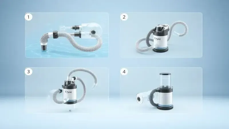 Ilustração conceitual passo a passo da montagem correta de um aspirador de piscina a vácuo