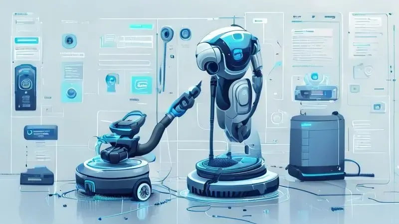 Ilustração conceitual dos passos de manutenção para prolongar a vida útil do robô aspirador.