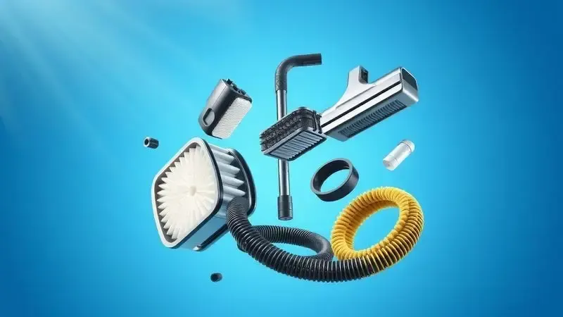 Ilustração conceitual mostrando peças premium de aspirador de pó flutuando com efeito de luz