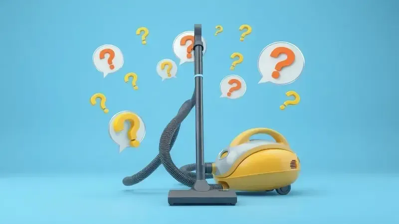 Ilustração conceitual de perguntas frequentes sobre aspiradores de pó com ícones de dúvidas